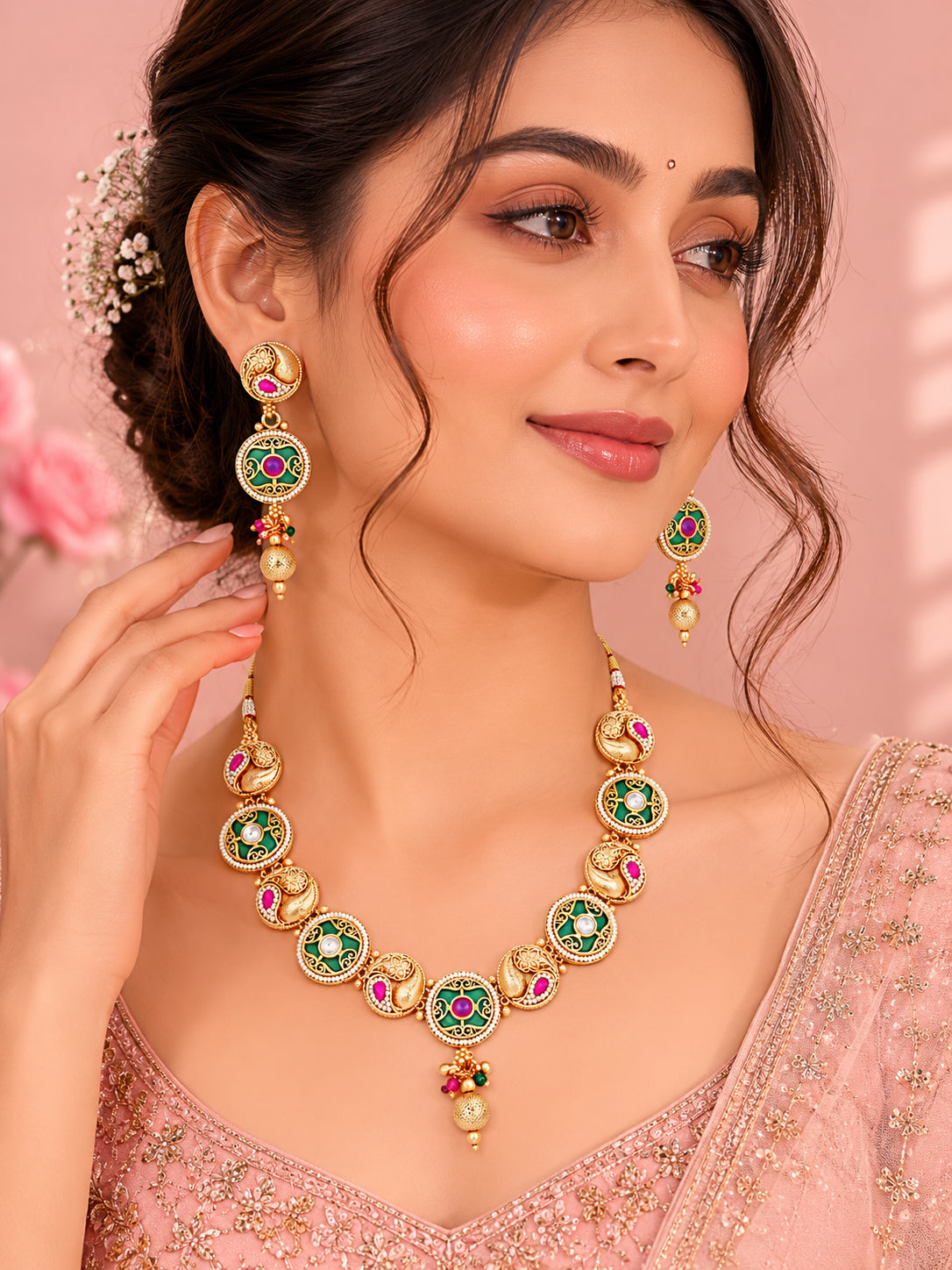 Aanura Circular Kundan Ruby Drop Necklace Set