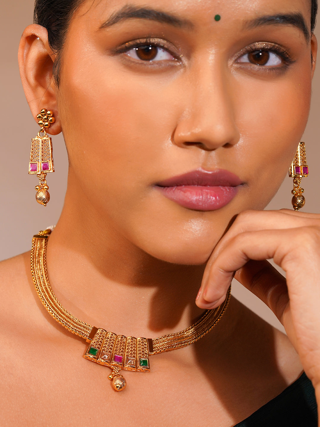 Aanura Gold Plated Layered Necklace & Earring Set