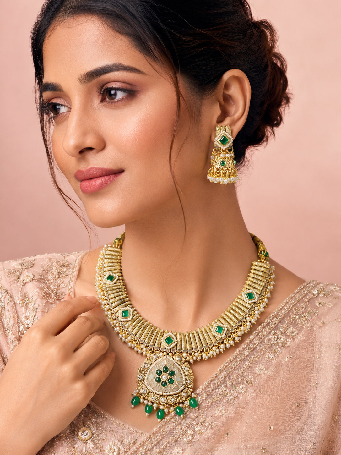 Aanura Kundan Choker Necklace with Green Stones & Pearls