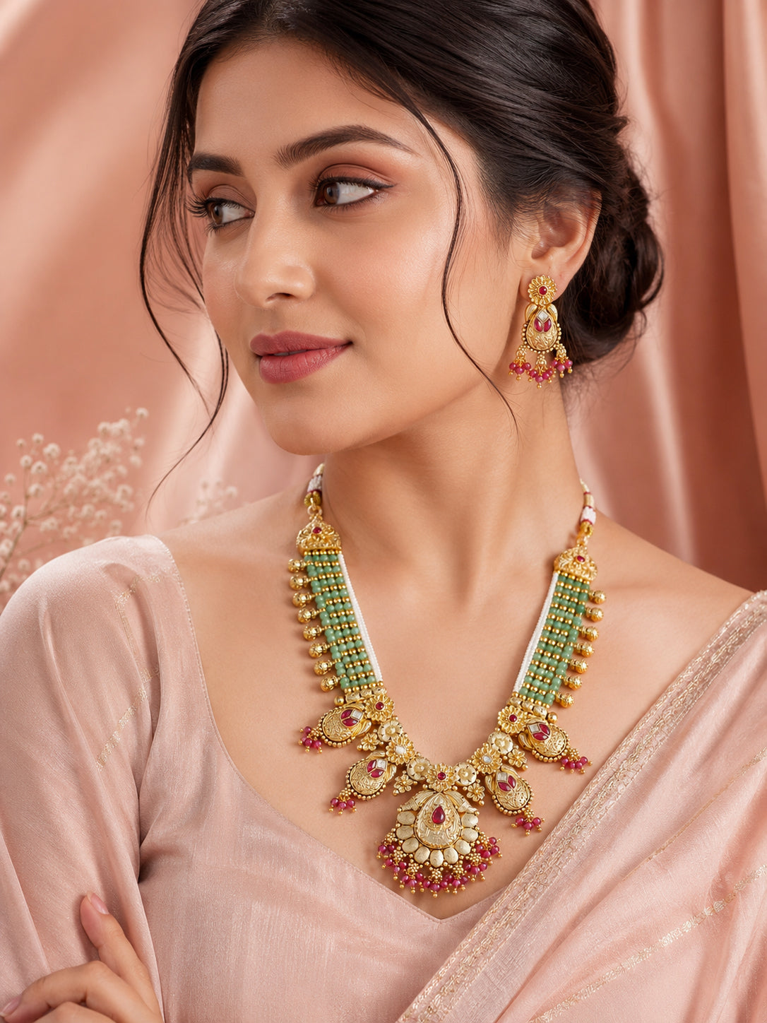 Aanura Temple Bridal Necklace with Ruby & Bead Strands