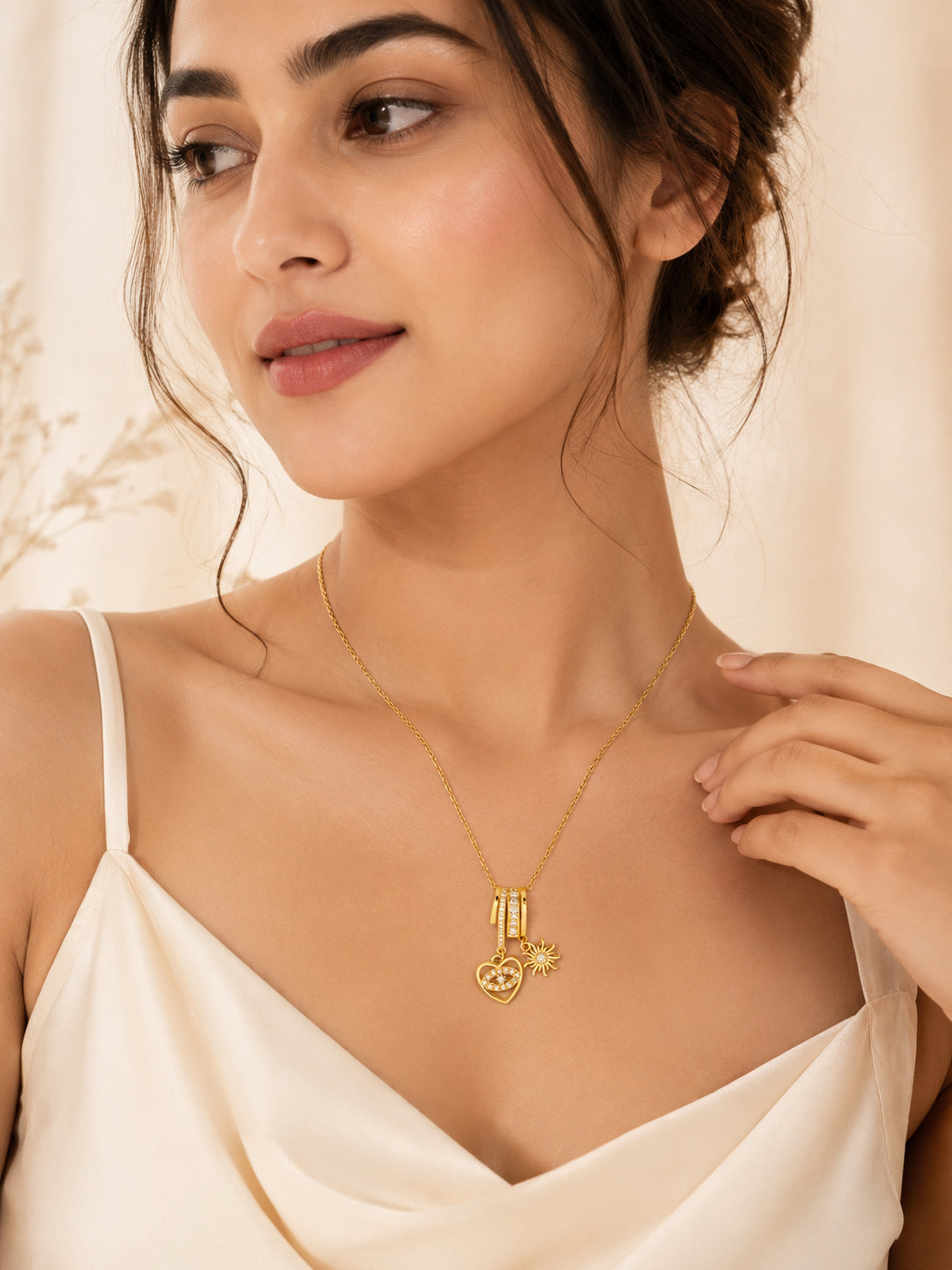 18K Gold Plated Heart Eye & Sun Charm Necklace