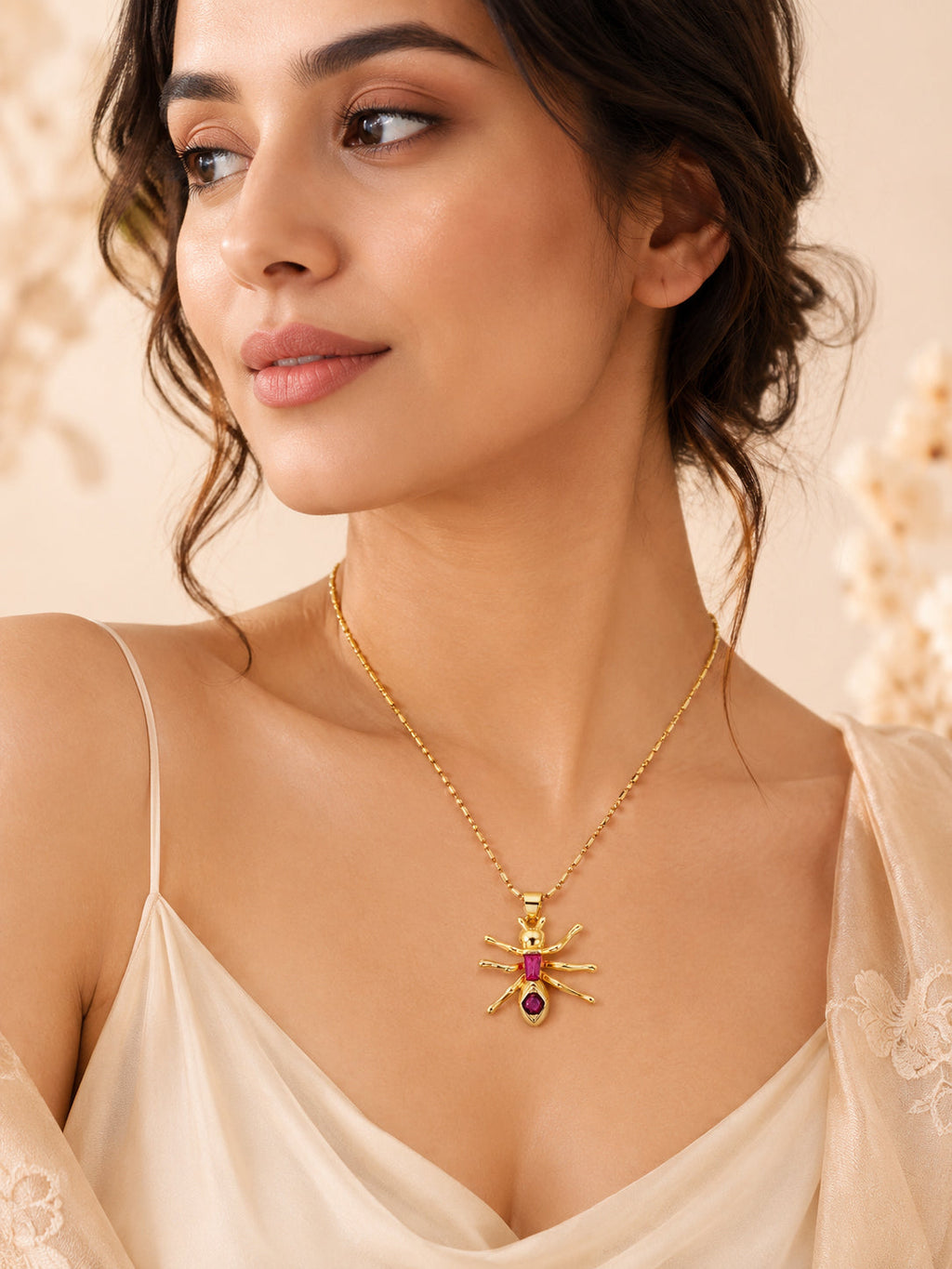 Pink Stone Spider Necklace with 18K Gold Plating