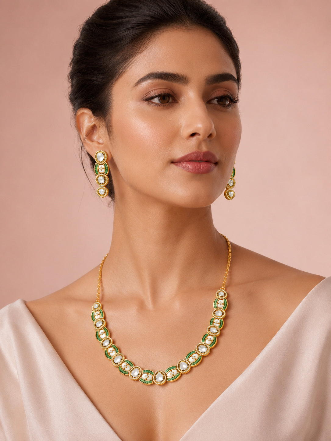 Aanura Oval Kundan Linked Necklace & Earrings