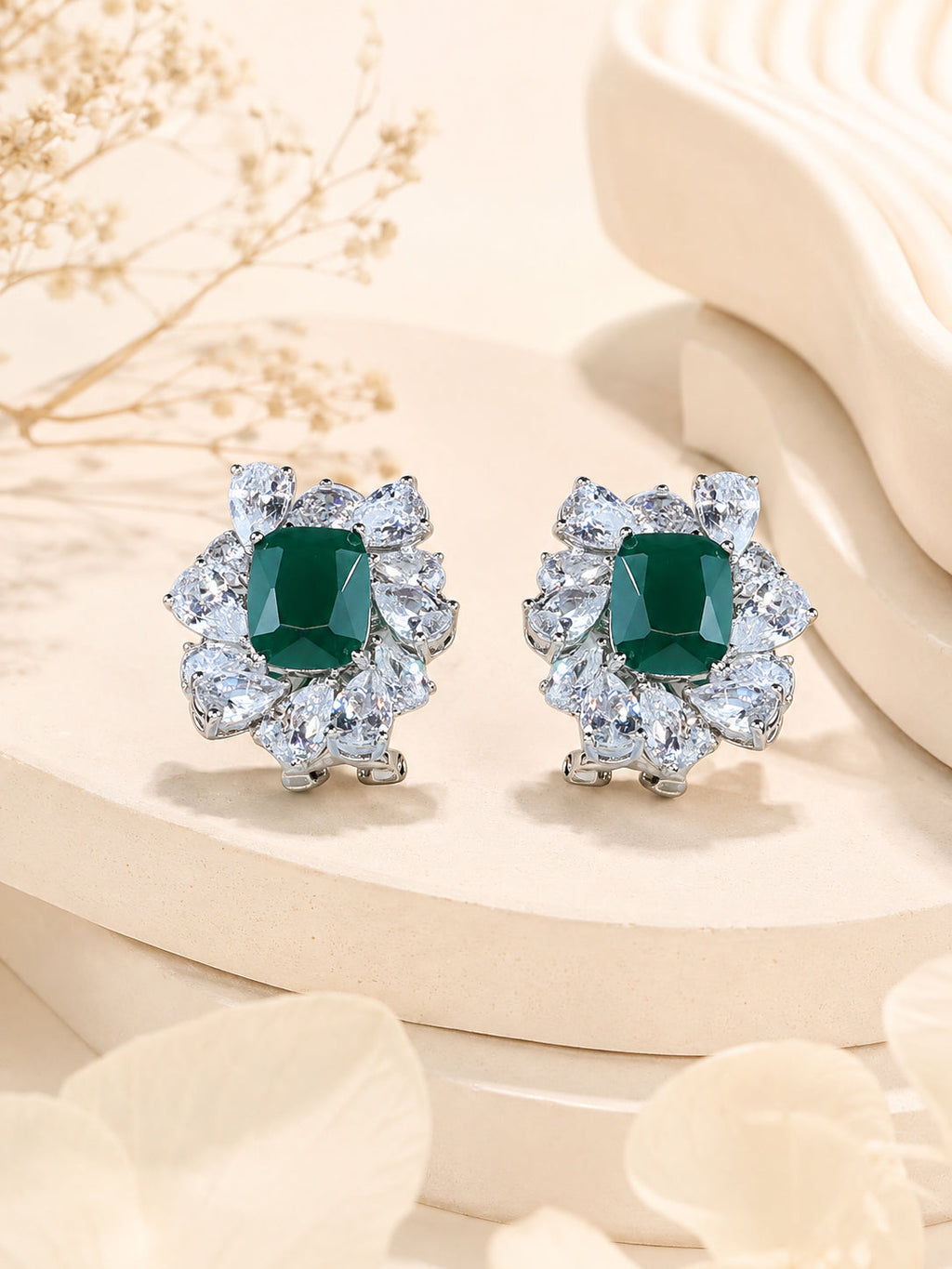 Aanura Red Gemstone Floral Halo Stud Earrings