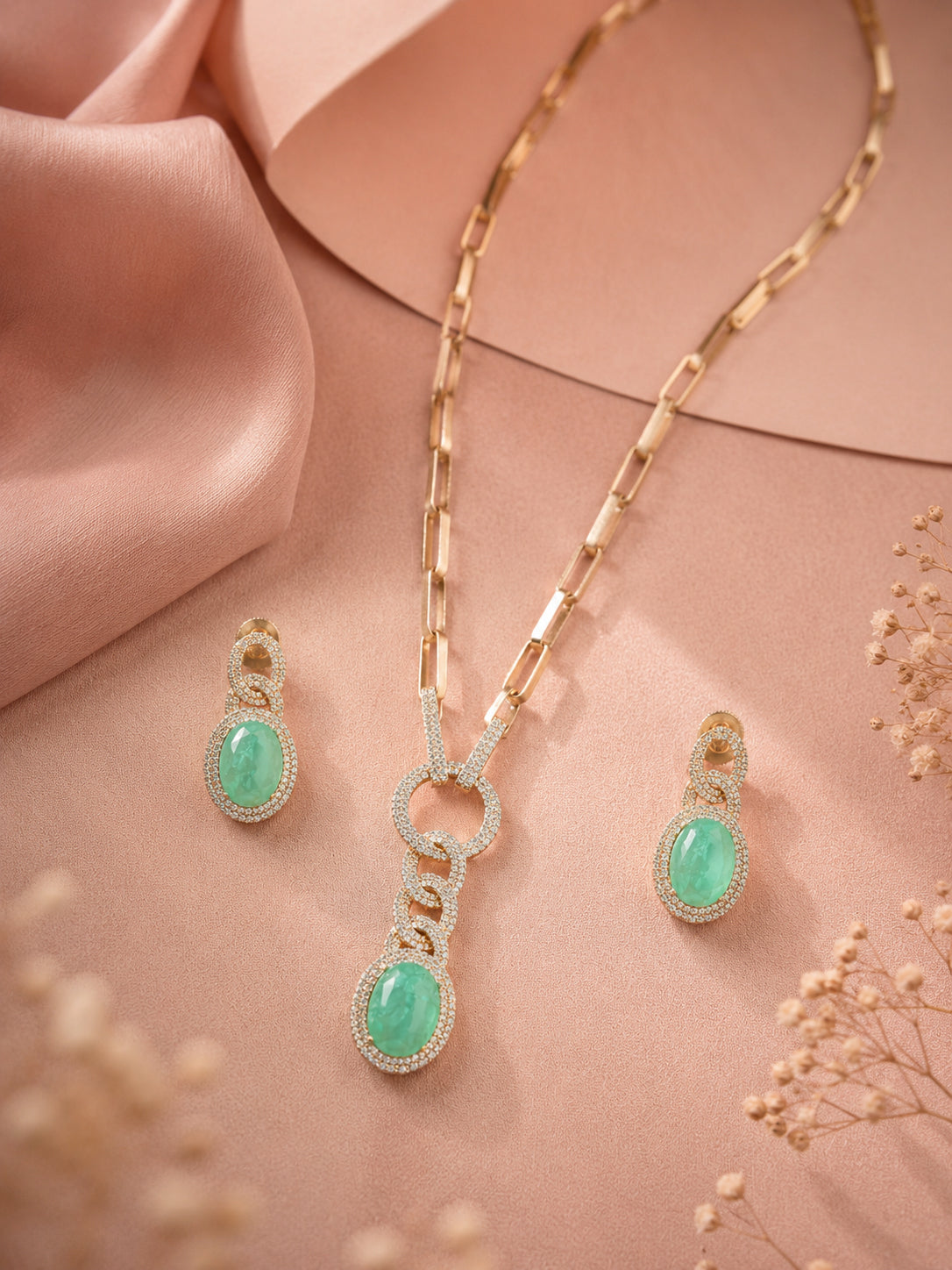 Aanura Red Stone Chain-Link Necklace with Earrings