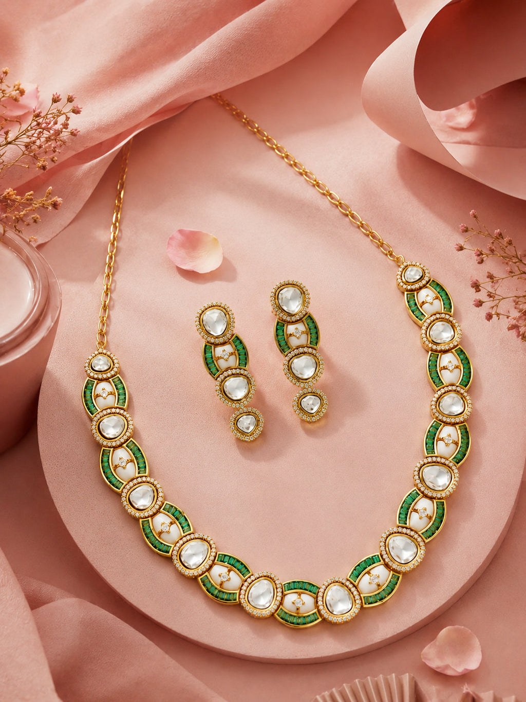 Aanura Oval Kundan Linked Necklace & Earrings