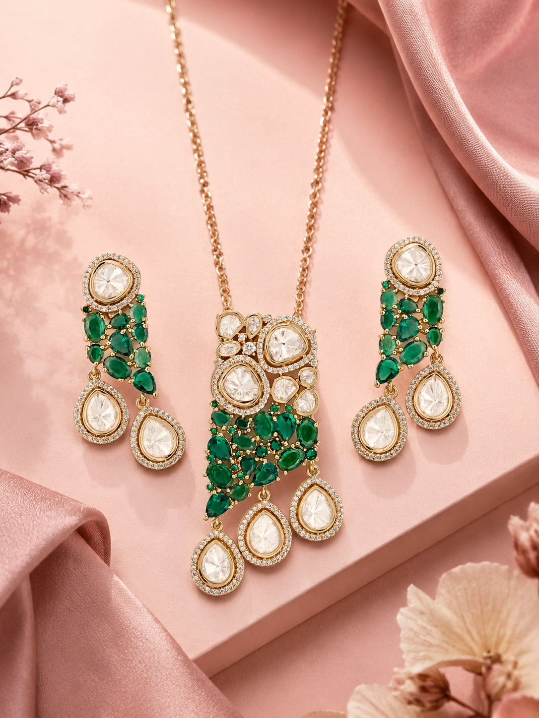 Aanura Ruby & Kundan Long Pendant Necklace Set with Earrings