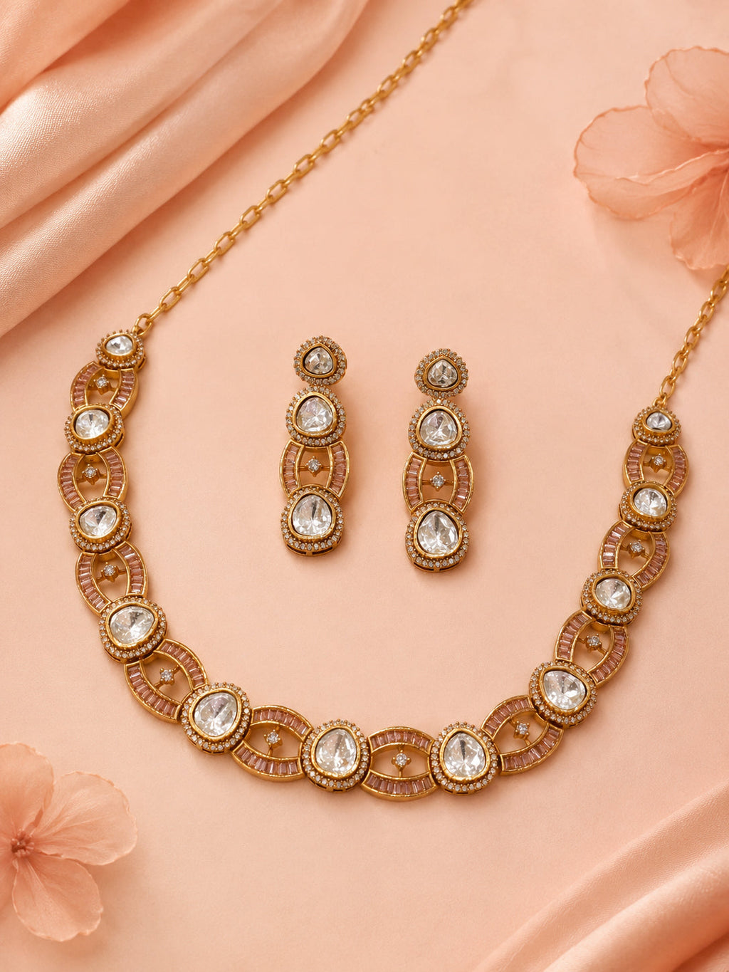 Aanura Oval Kundan Linked Necklace & Earrings