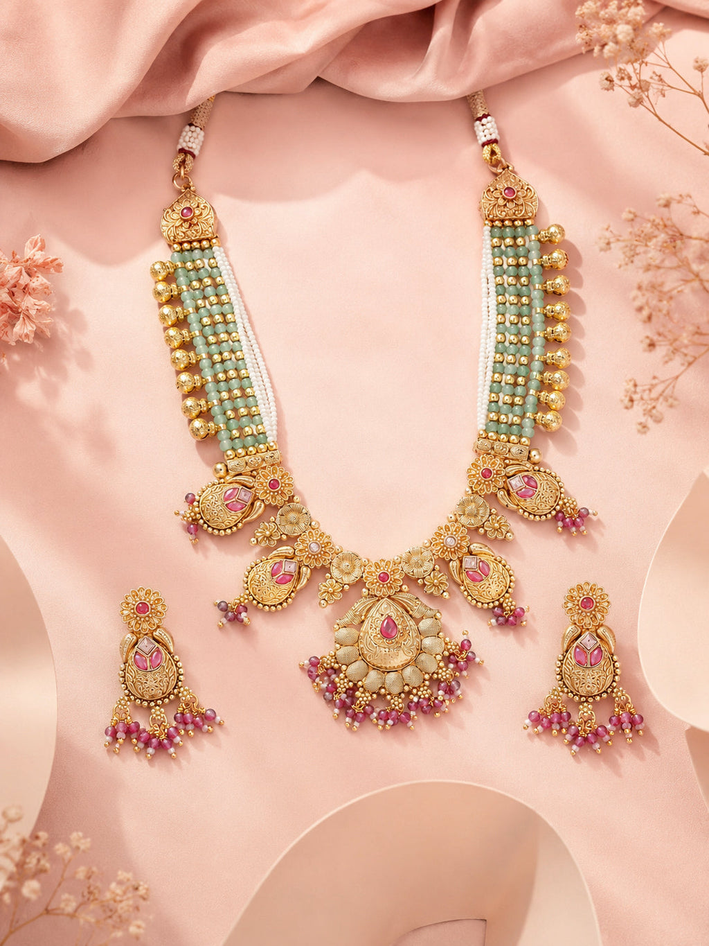Aanura Temple Bridal Necklace with Ruby & Bead Strands