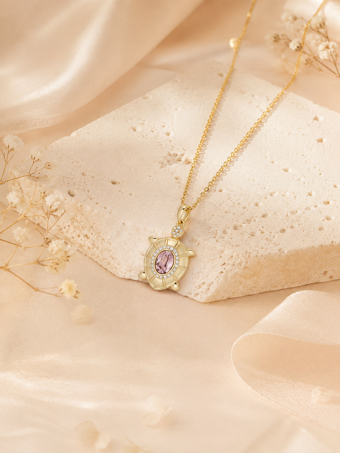 18K Gold Plated Pink Turtle Crystal Necklace