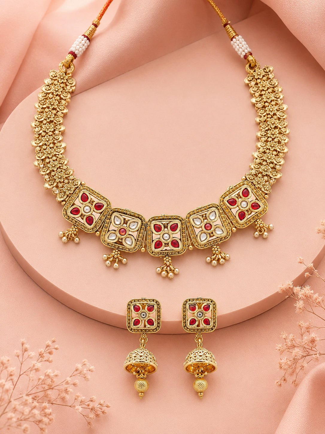 Aanura Antique Square Panel Choker Set with Earrings