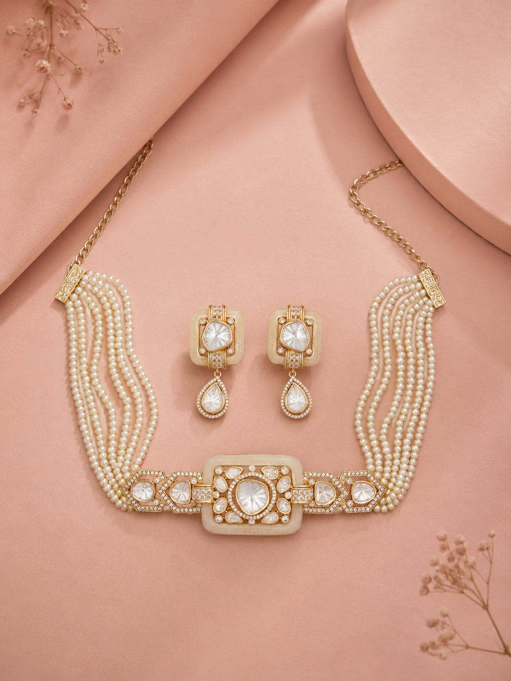 Aanura Statement Choker Necklace with Square Motif & Earrings