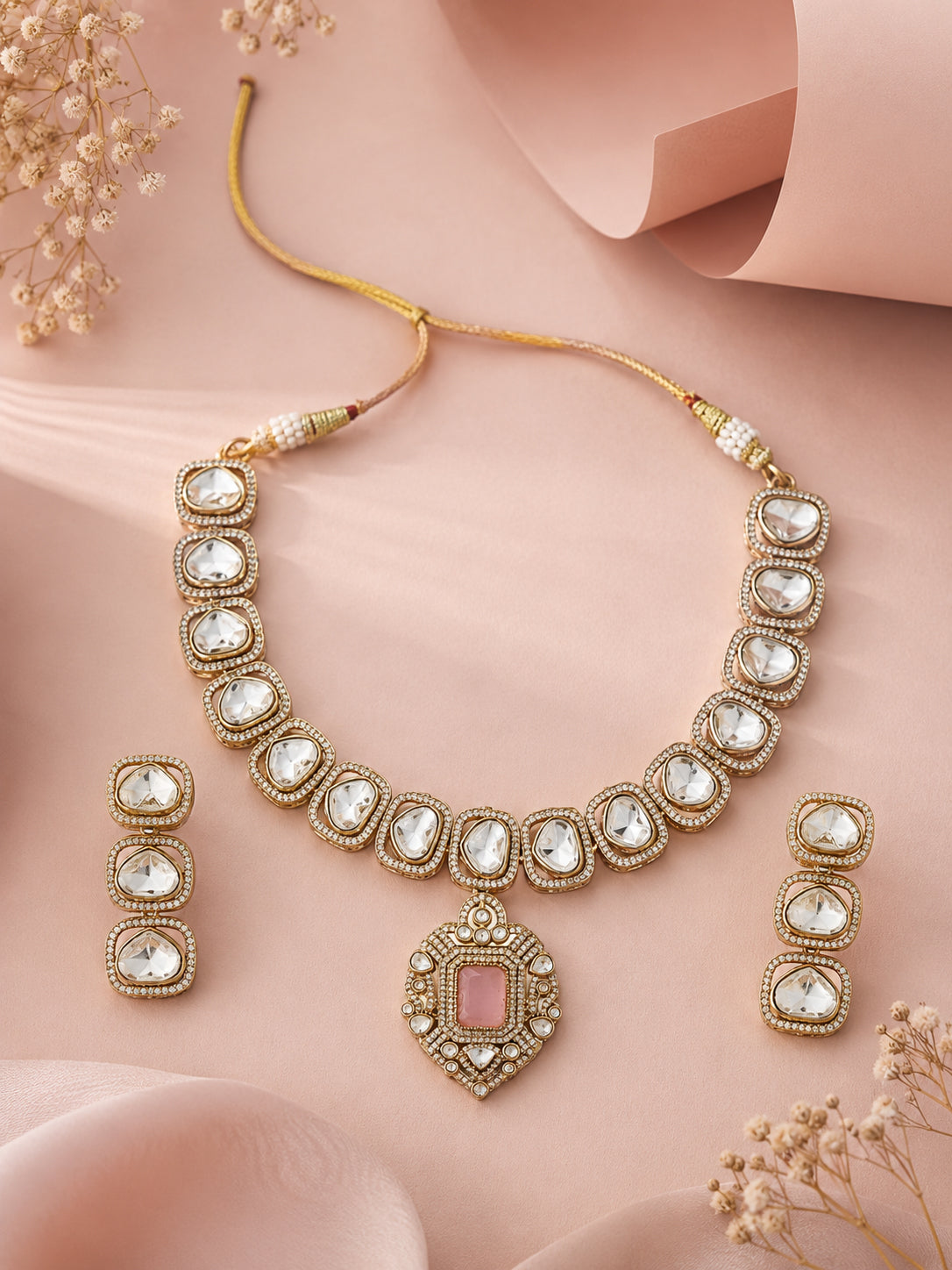 Aanura Kundan Necklace with Pink Stone Heritage Pendant