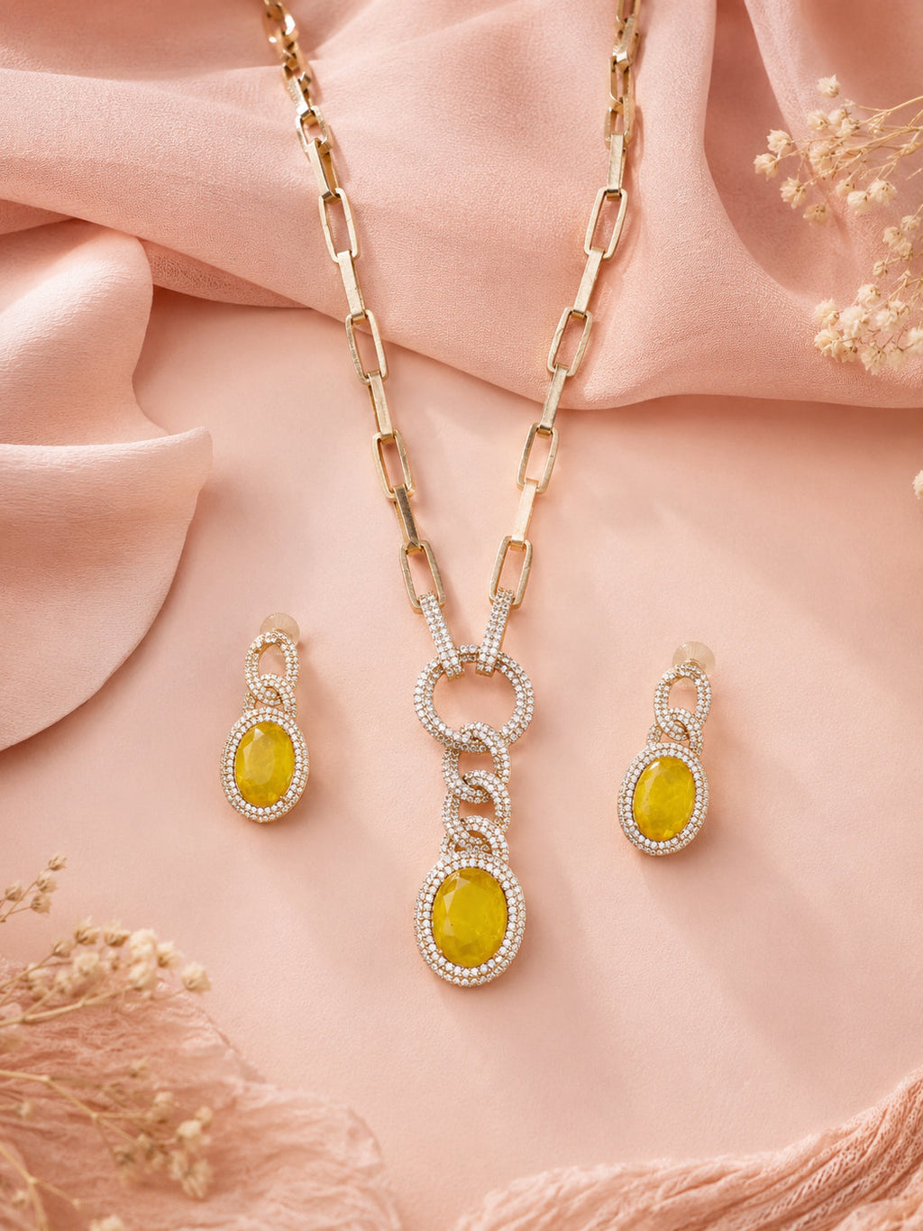 Aanura Red Stone Chain-Link Necklace with Earrings