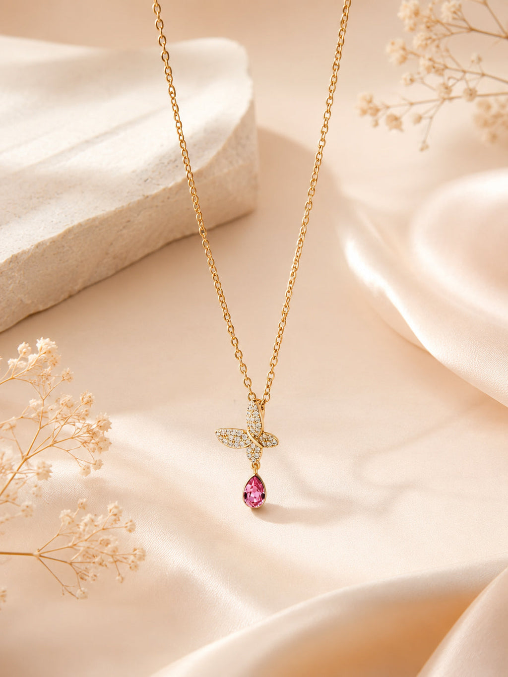 Crystal Butterfly Pink Drop Necklace with 18K Gold Plating