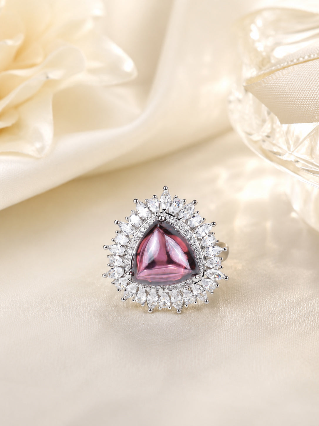 Rhodium Plated Red Oval Halo Anti-Tarnish Waterproof Ring