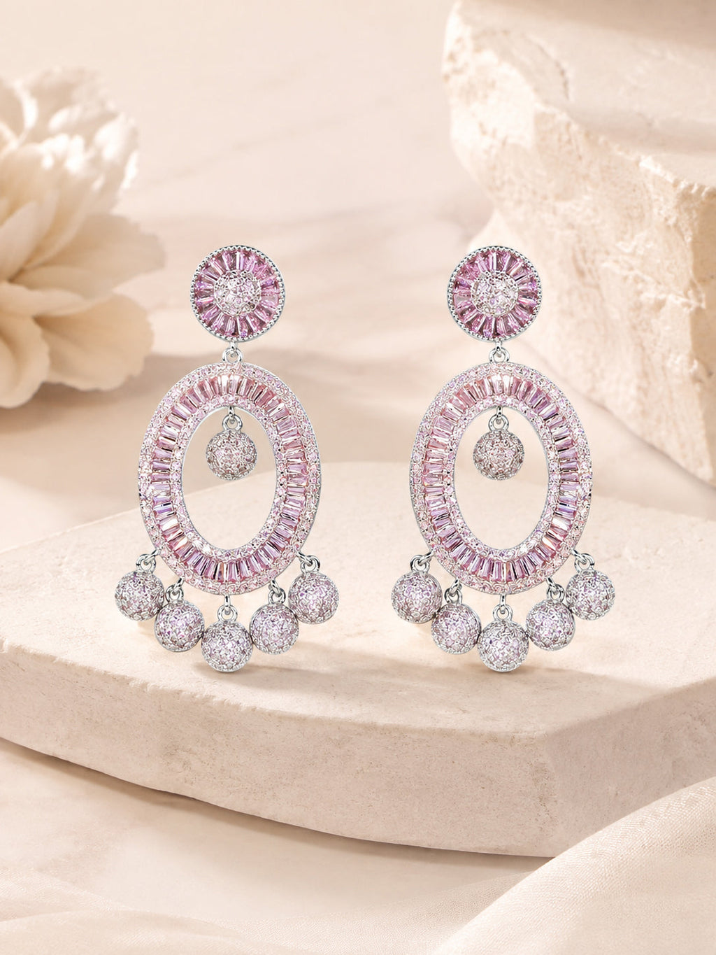 Aanura Pink Baguette Oval CZ Cluster Drop Earrings