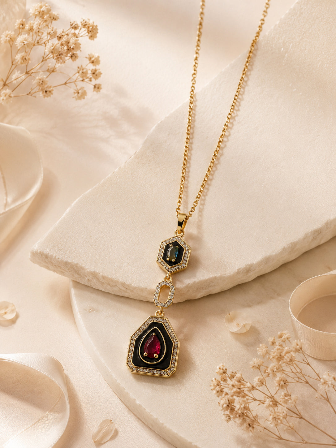 18K Gold Plated Multi-Stone Geometric Drop Necklace