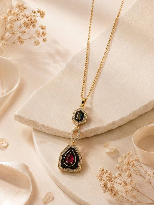 18K Gold Plated Multi-Stone Geometric Drop Necklace