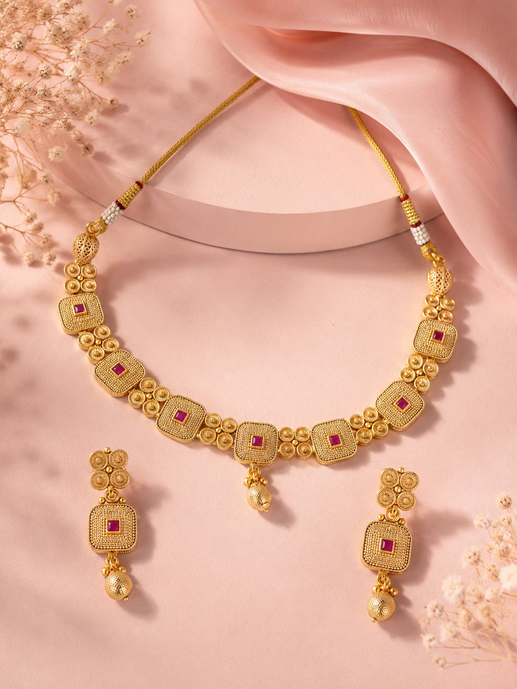 Aanura Gold Plated Ruby Grid Necklace Set