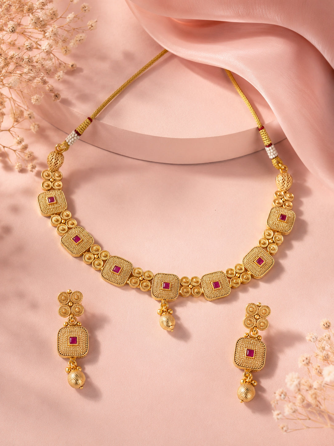 Aanura Gold Plated Ruby Grid Necklace Set