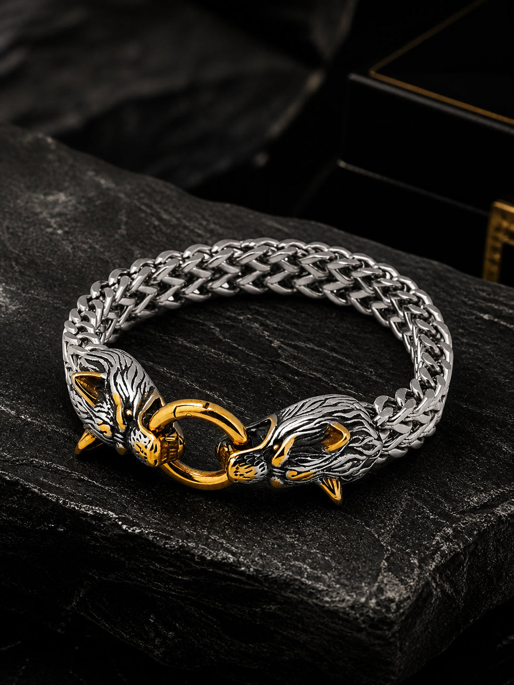 Rhodium-Plated Waterproof Dual-Tone Wolf Head Stainless Steel Bracelet for Men
