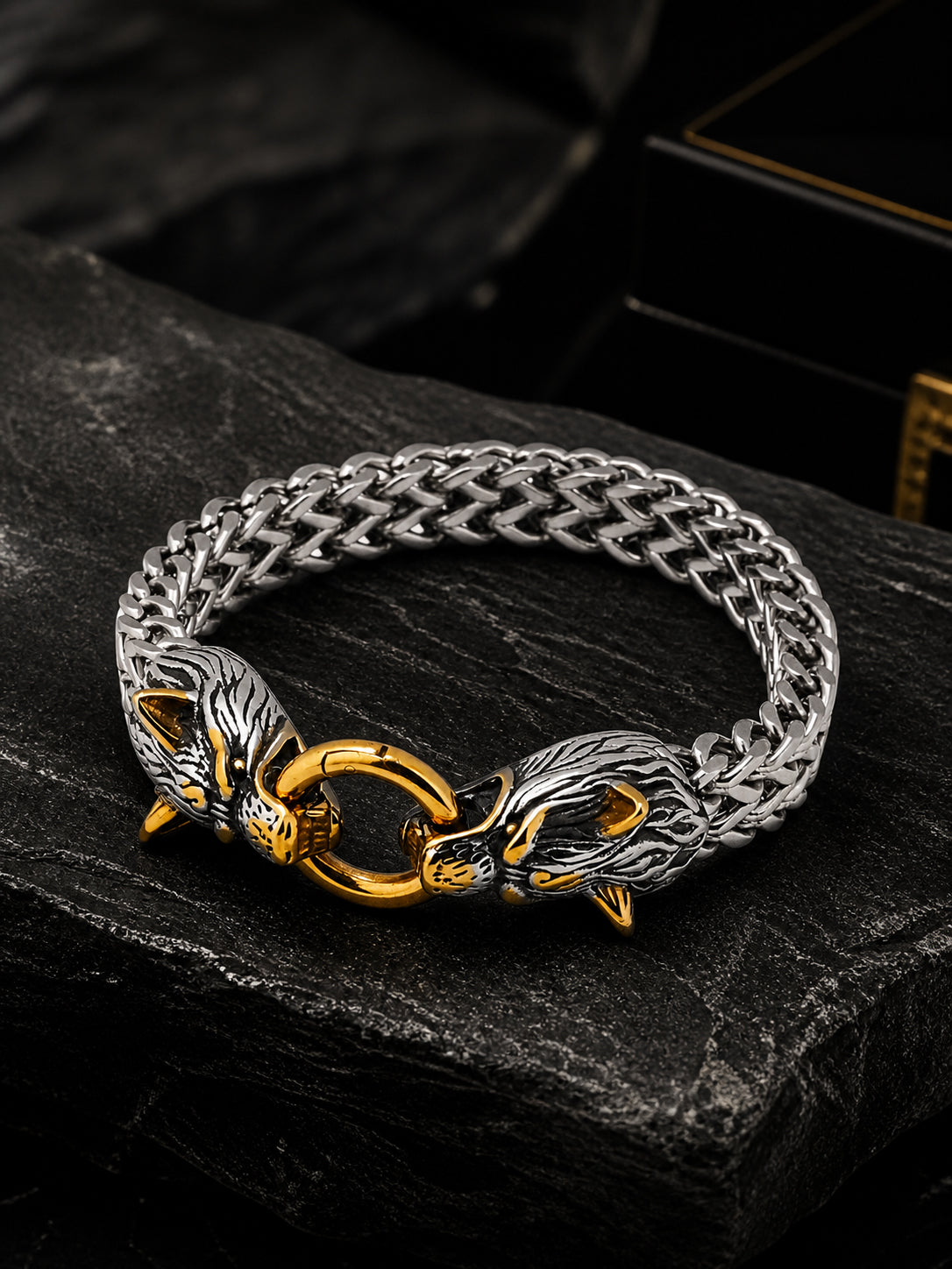 Rhodium-Plated Waterproof Dual-Tone Wolf Head Stainless Steel Bracelet for Men