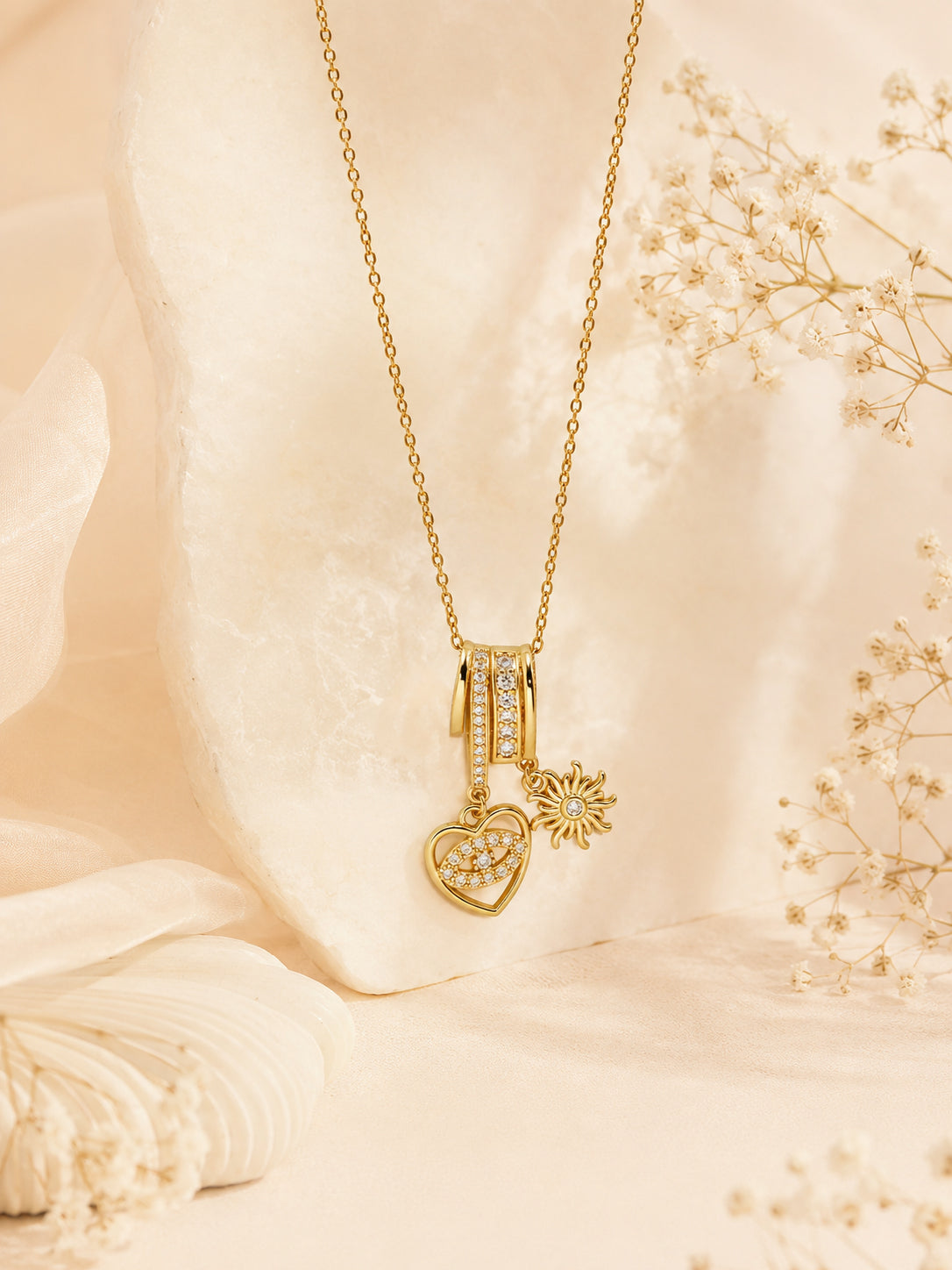 18K Gold Plated Heart Eye & Sun Charm Necklace