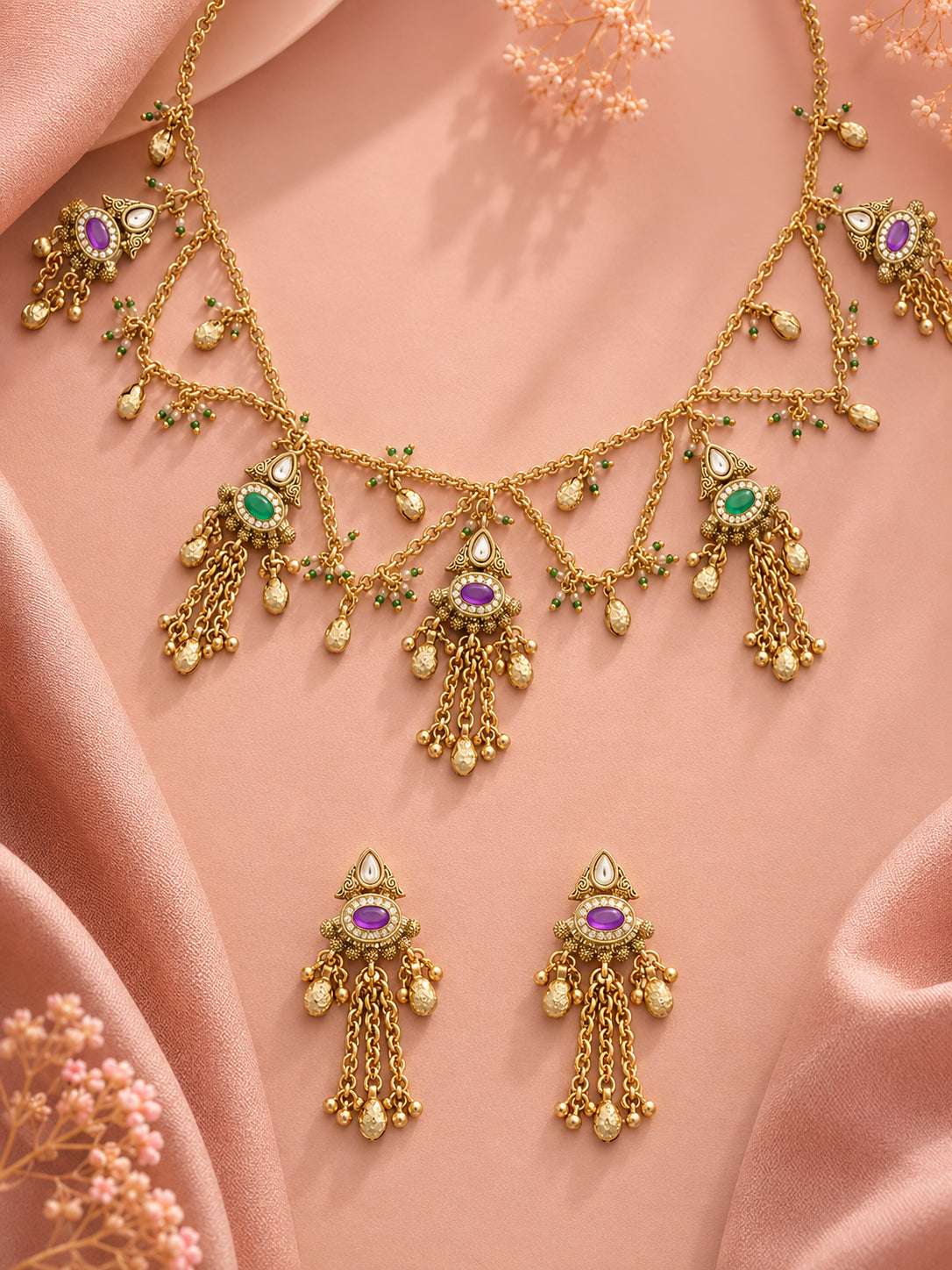 Aanura Cascading Chain Necklace Set with Green & Purple Stones