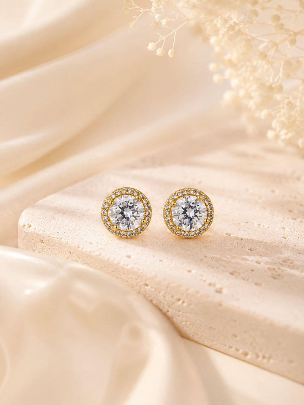 Round Halo CZ Stud Earrings in 18K Gold Plating