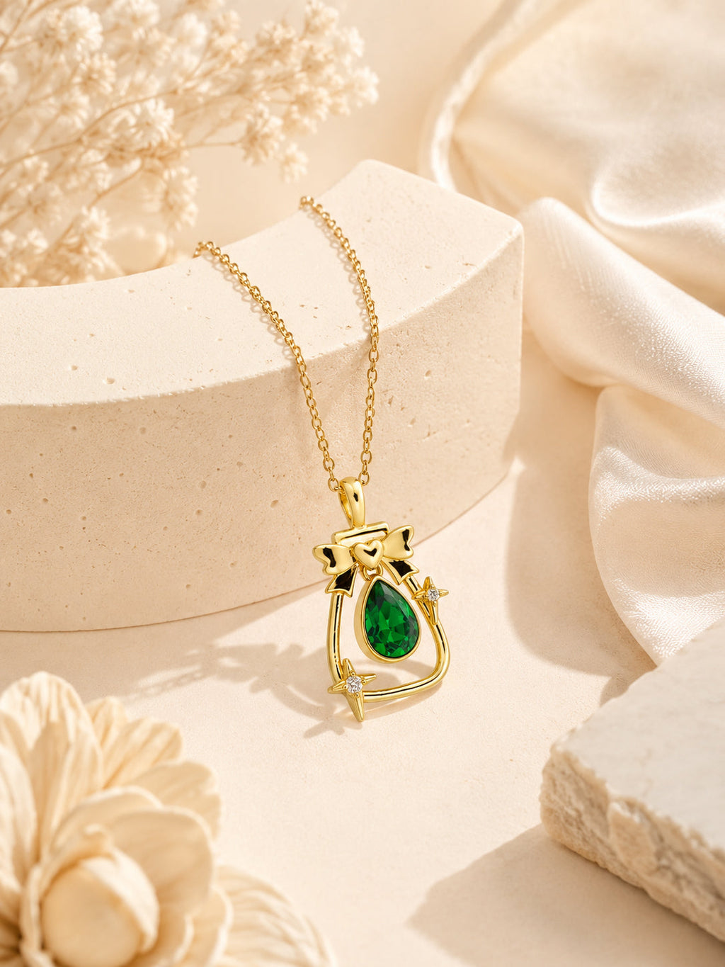 18K Gold Plated Green Teardrop Bow Charm Necklace
