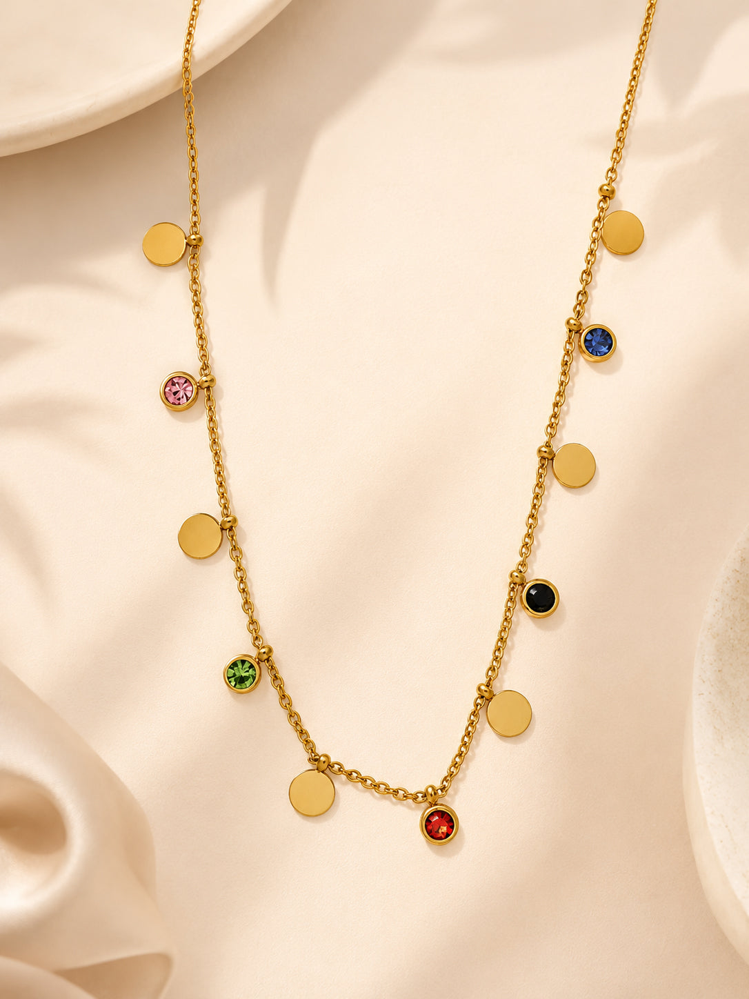 Multi-Stone Coin Charm Necklace in 18K Gold Plating