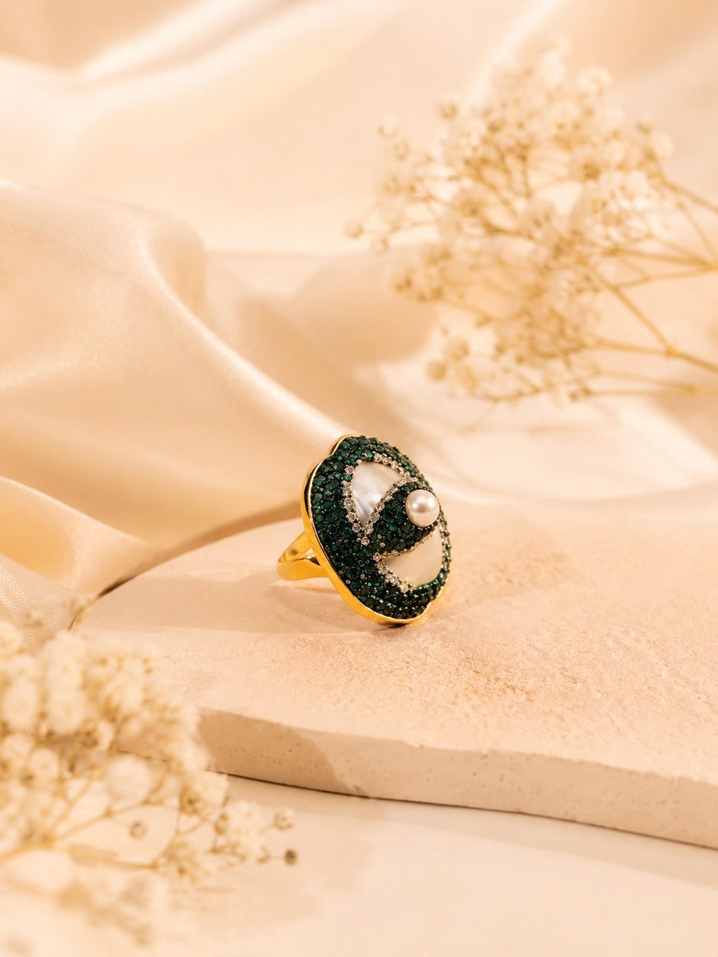 18K Gold Plated Pearl Accent Anti-Tarnish Waterproof Ring