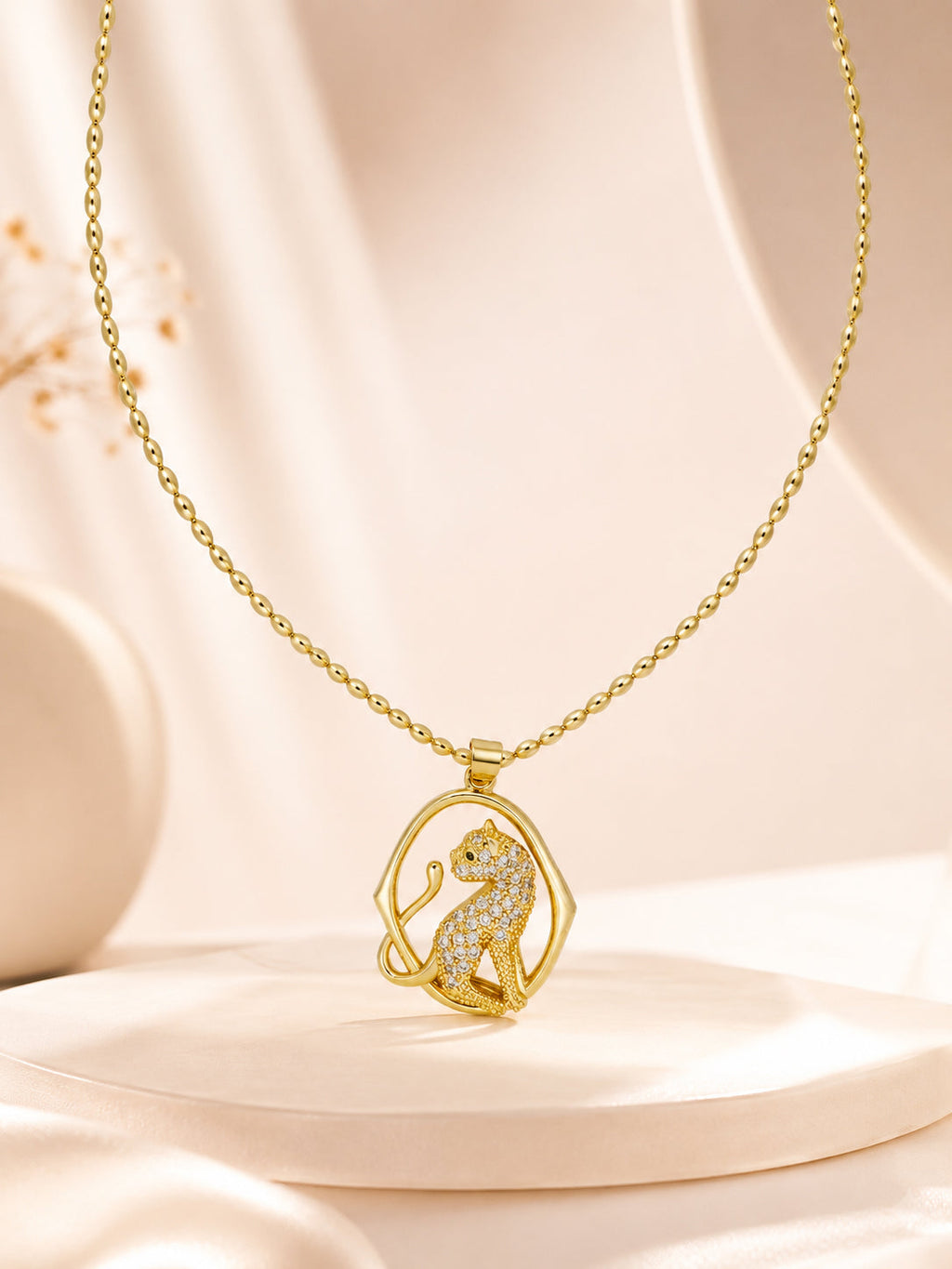 Crystal Cat Charm Necklace with 18K Gold Plating