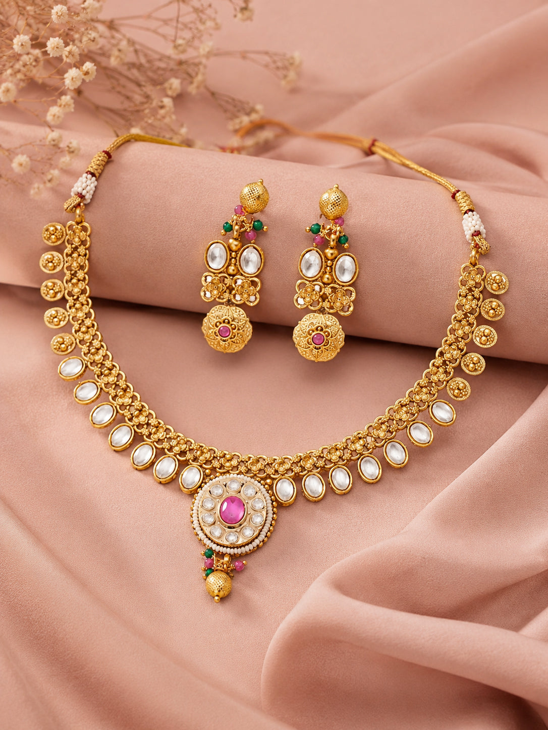 Aanura Ruby Beaded Kundan Necklace with Earrings