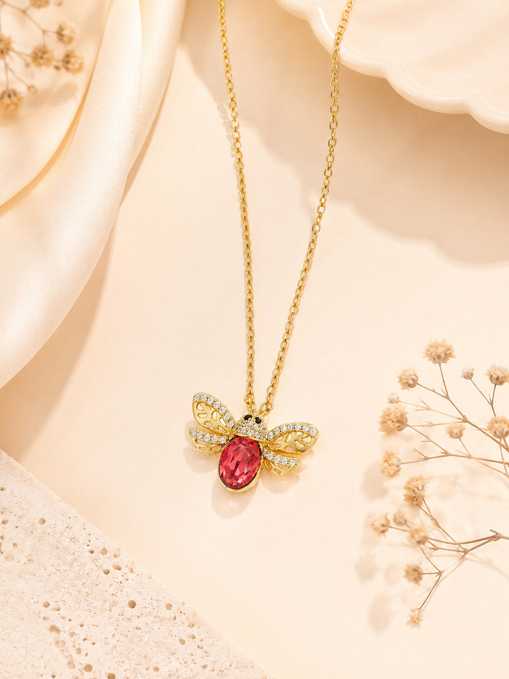 Red Stone Wing Charm Necklace with 18K Gold Plating