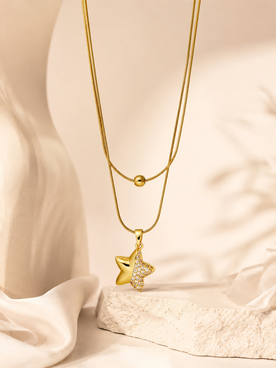 Half-Crystal Star Layered Necklace with 18K Gold Plating