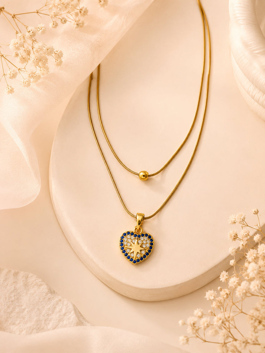 Blue Stone Heart Layered Necklace in 18K Gold Plating