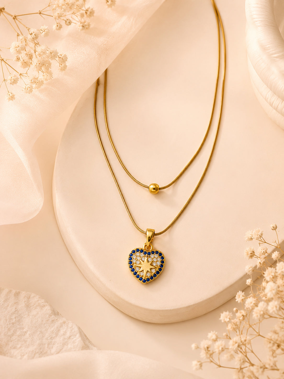 Blue Stone Heart Layered Necklace in 18K Gold Plating