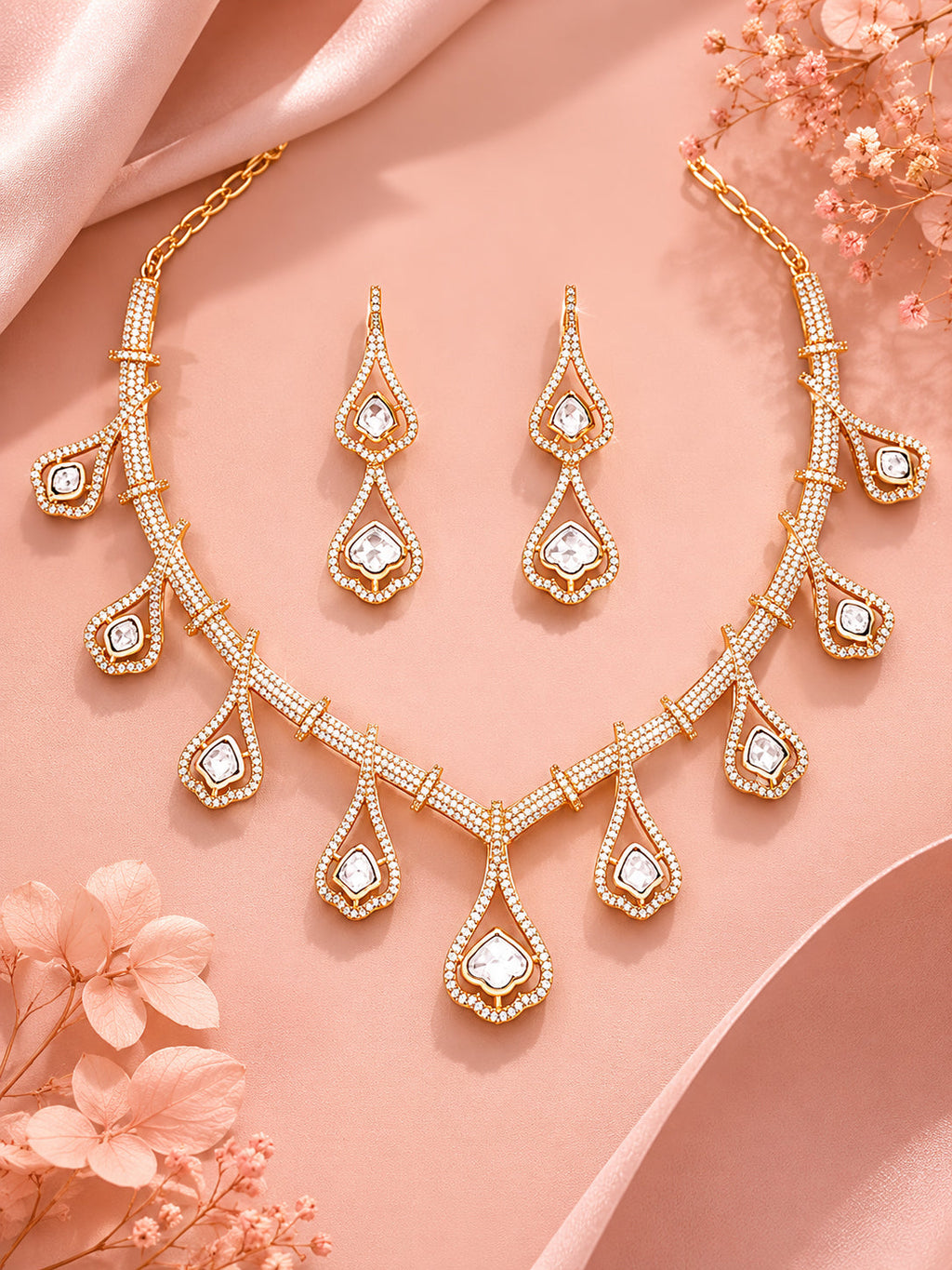 Aanura Teardrop Gold Necklace Set with Stone Earrings