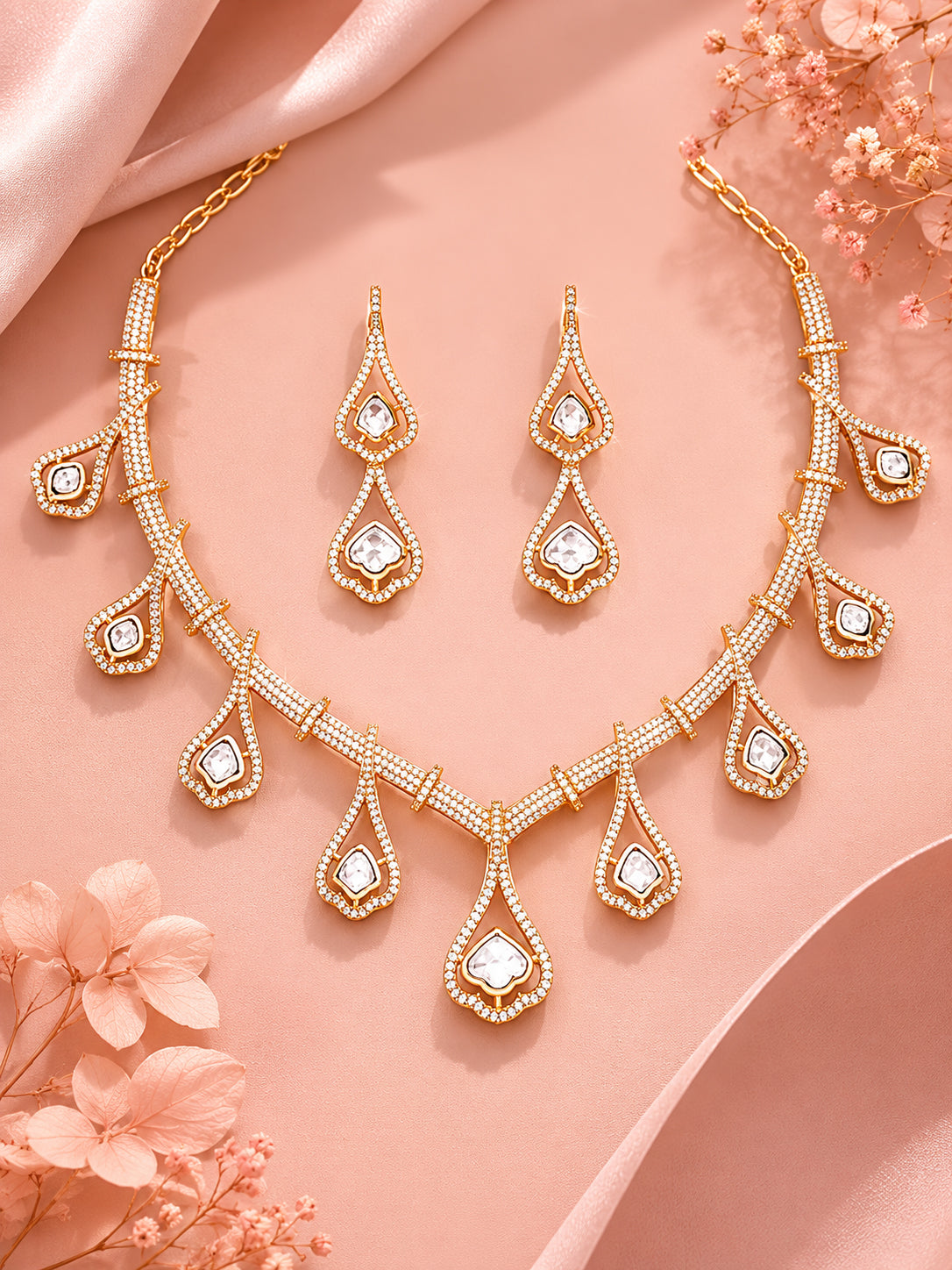 Aanura Teardrop Gold Necklace Set with Stone Earrings