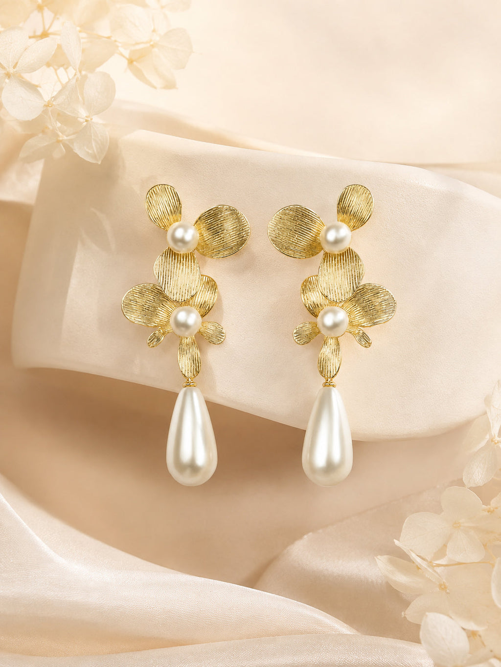 Aanura Floral Pearl Drop Gold Statement Earrings