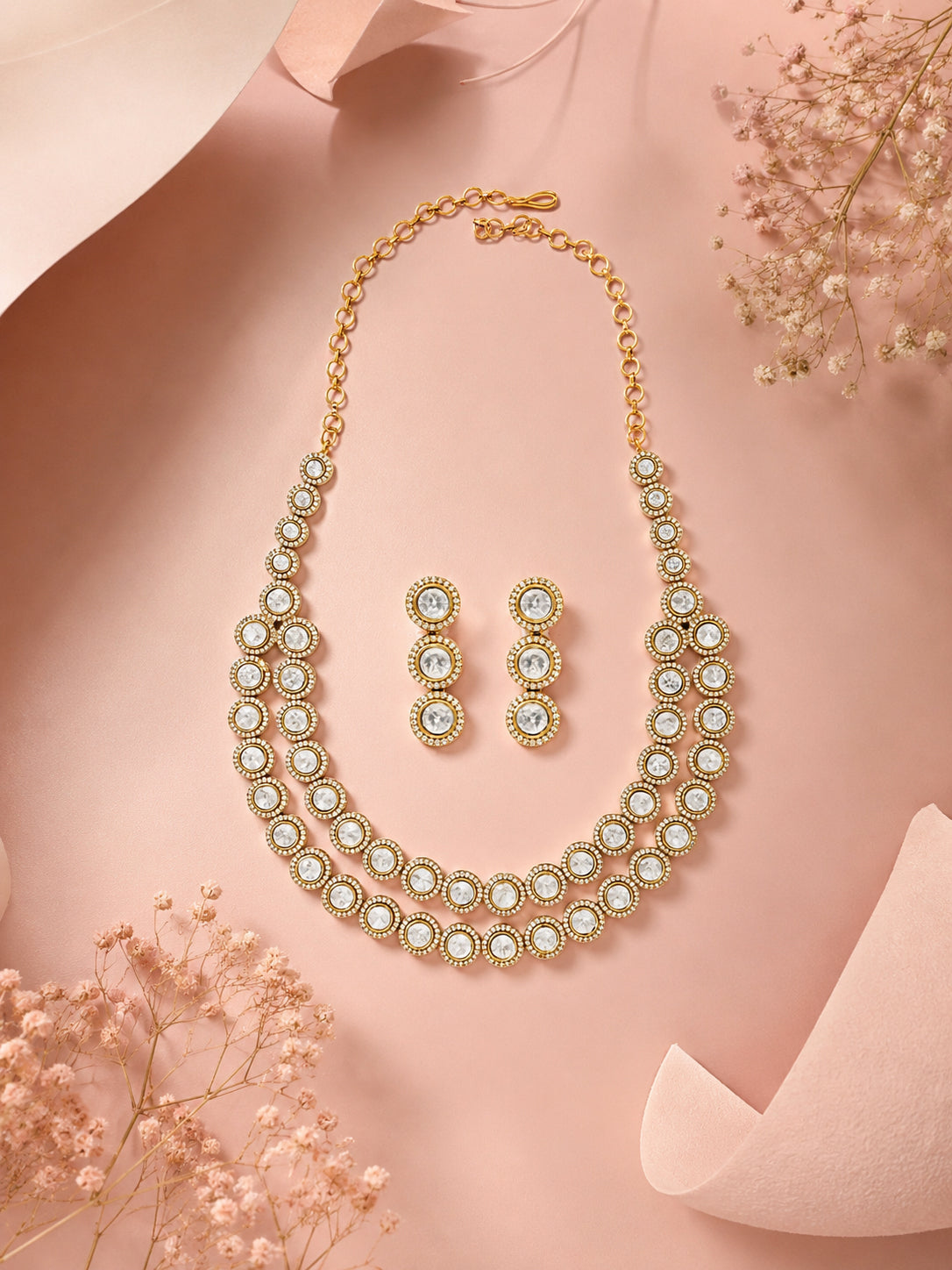 Aanura Double Layer Round Kundan Necklace Set