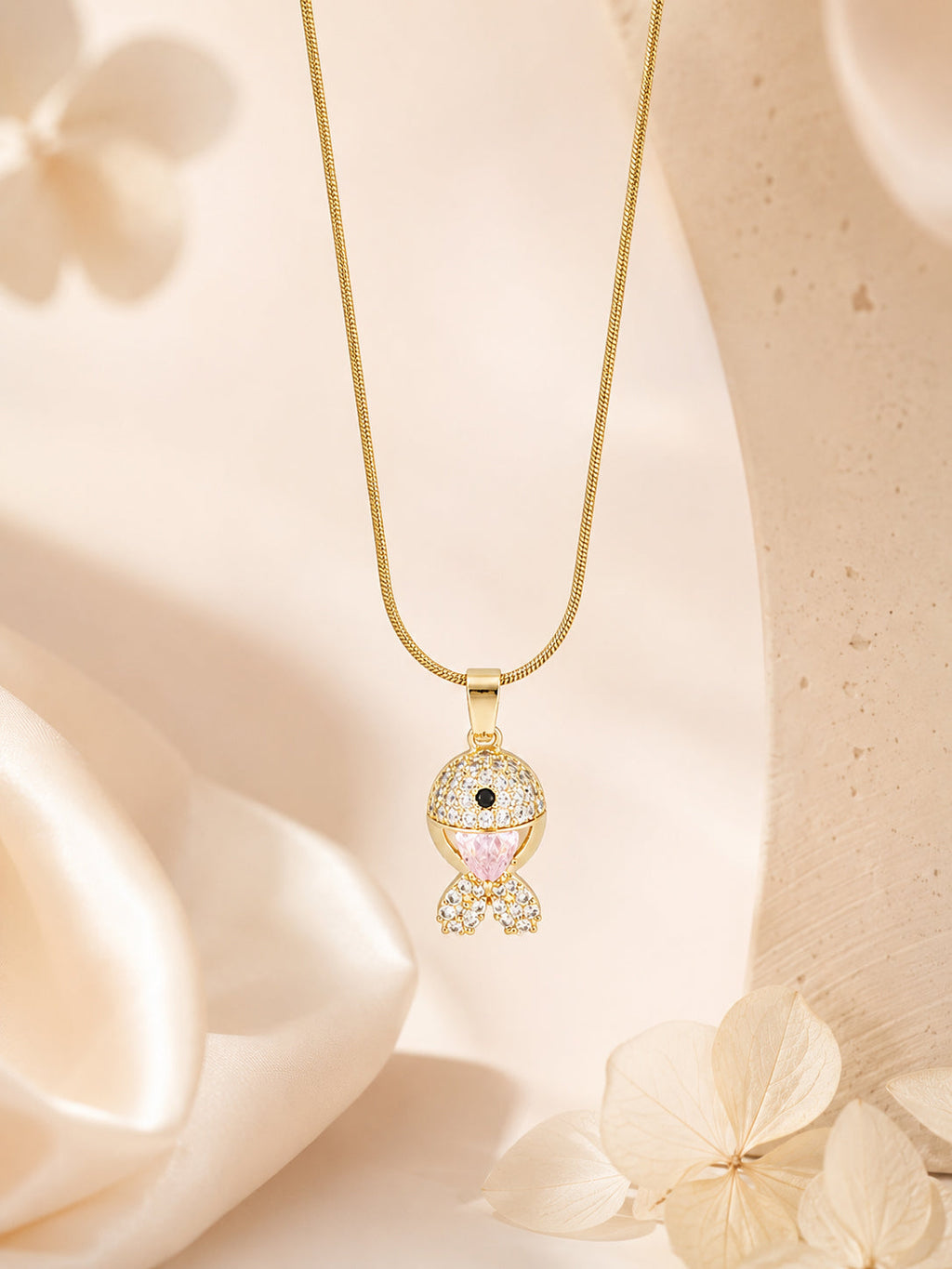 18K Gold Plated Pink Crystal Fish Pendant Necklace for Women