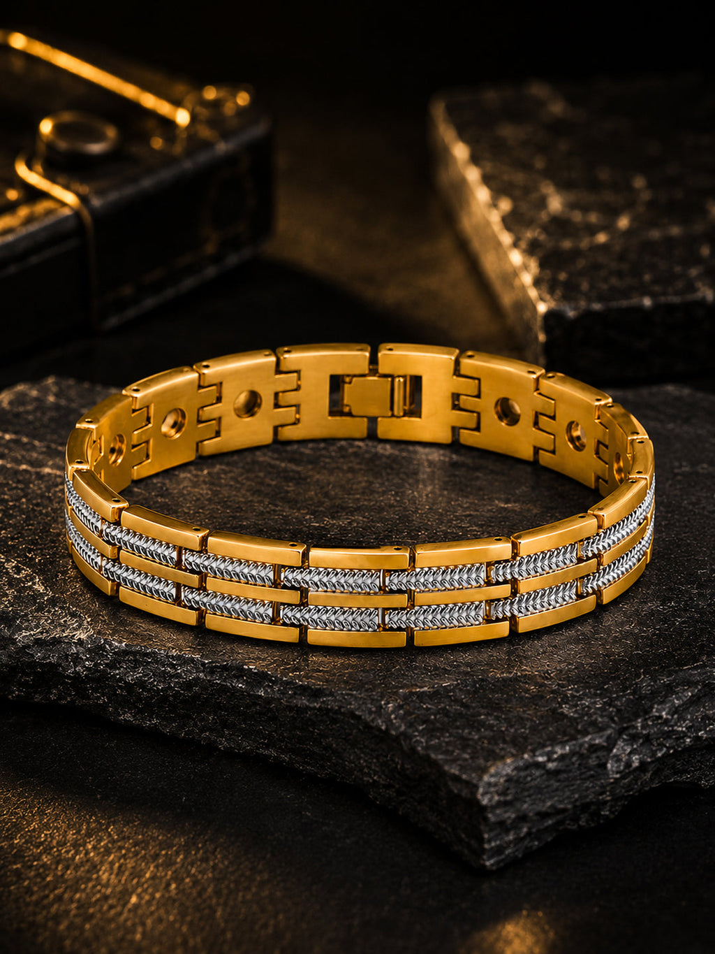 18K Gold-Plated Textured Anti-Tarnish Waterproof Steel Bracelet