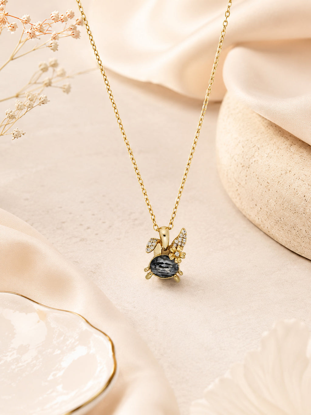 Winged Dark Stone Necklace with 18K Gold Plating