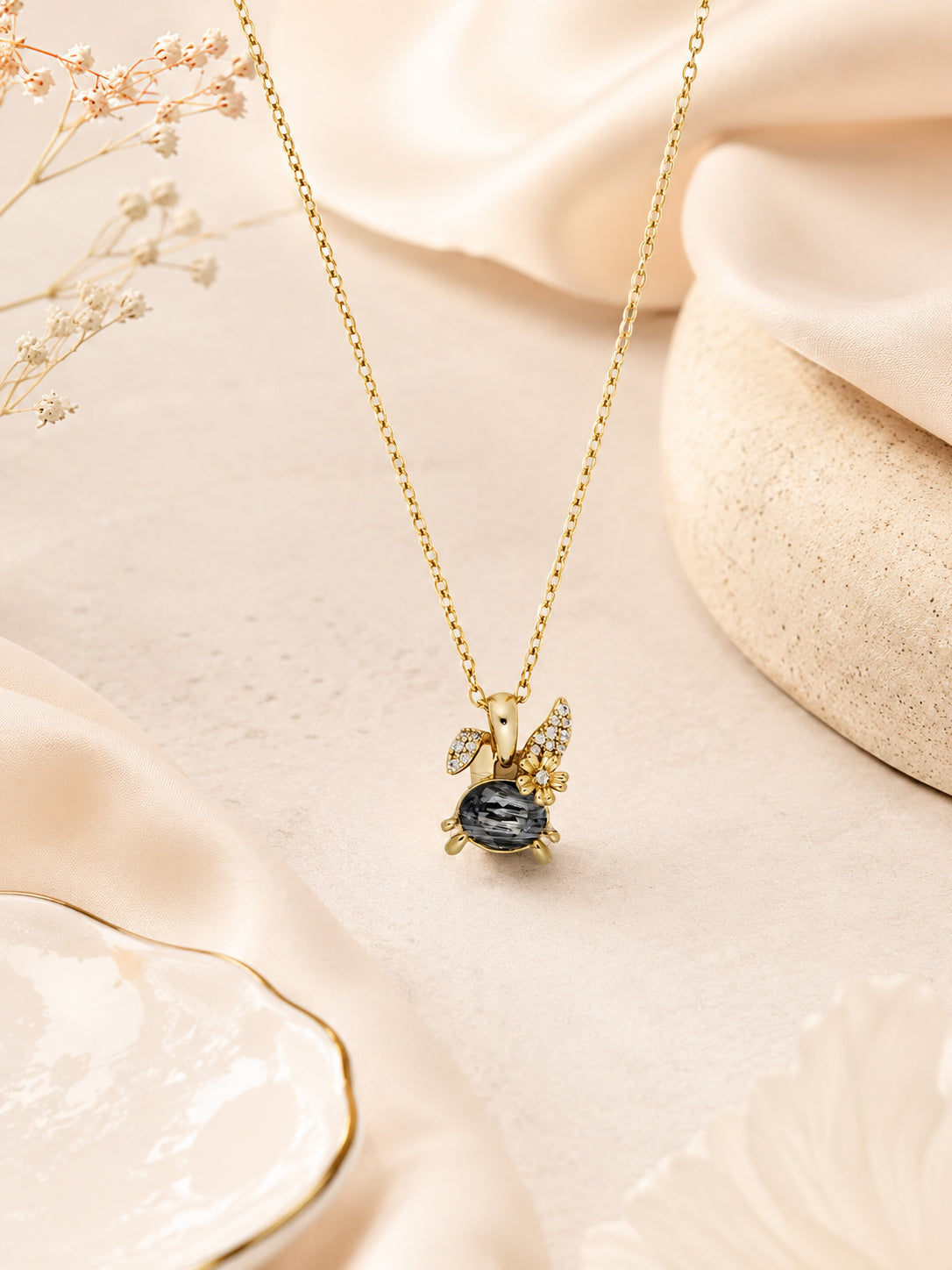 Winged Dark Stone Necklace with 18K Gold Plating