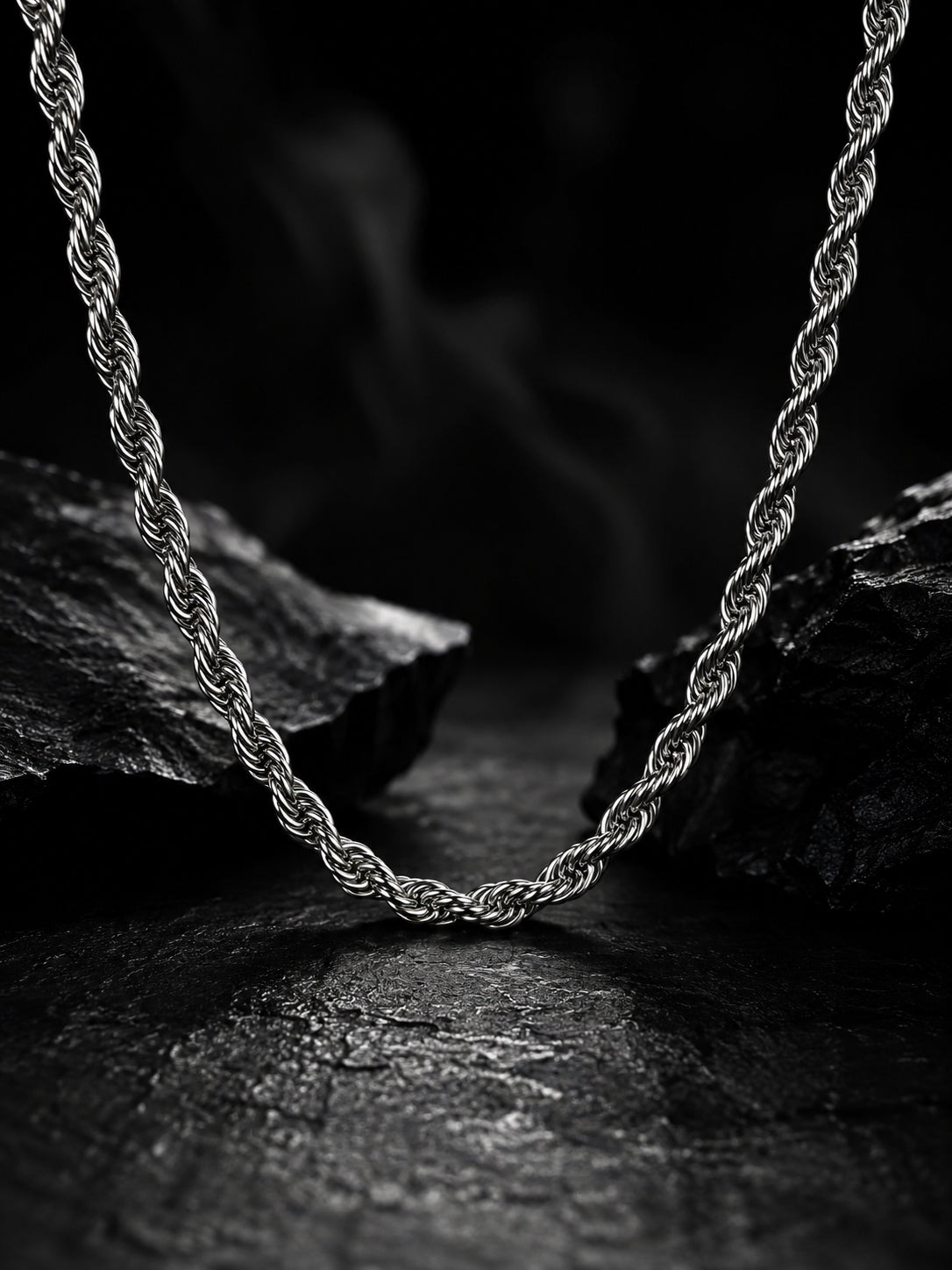 Silver Rhodium-Plated Rope Anti-Tarnish Waterproof Stainless Steel Chain Men