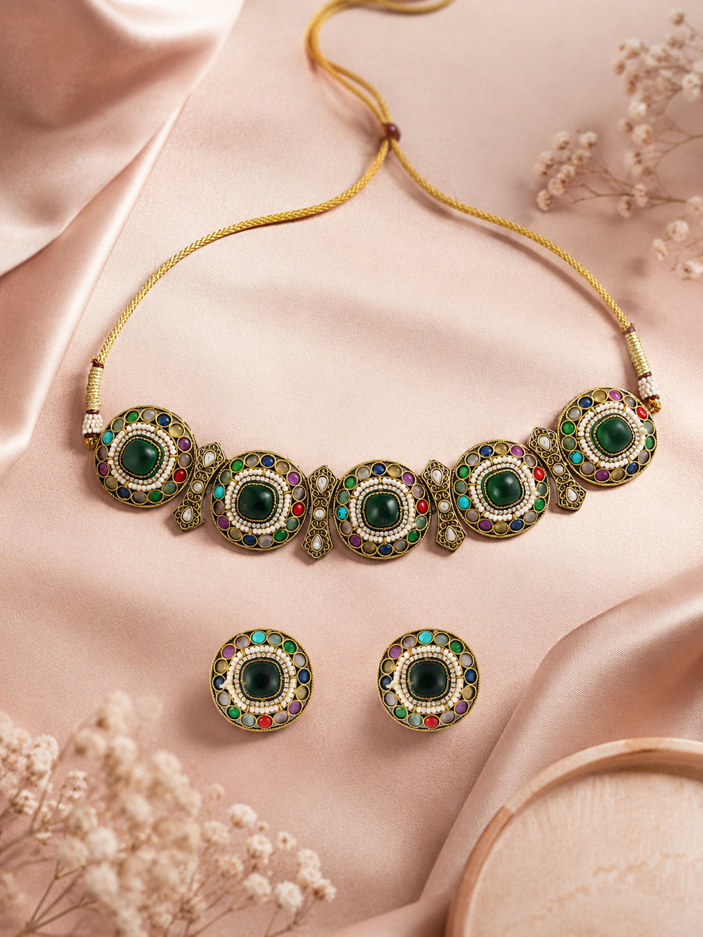 Aanura Navratna Choker Necklace with Green Center Stones
