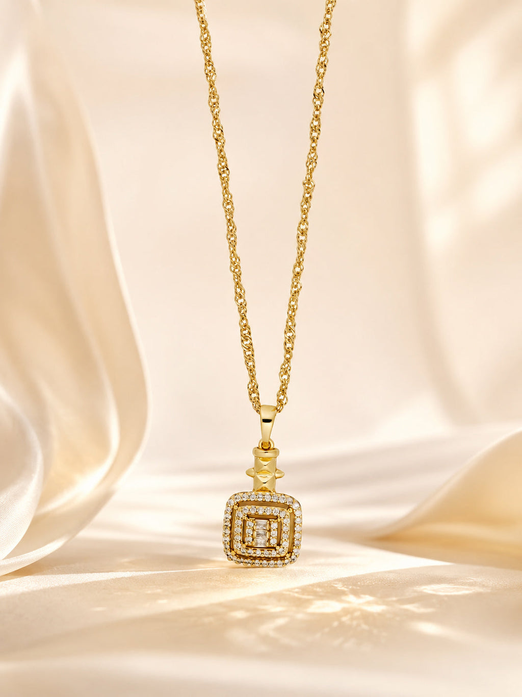 Square Halo Crystal Pendant Necklace with 18K Gold Plating